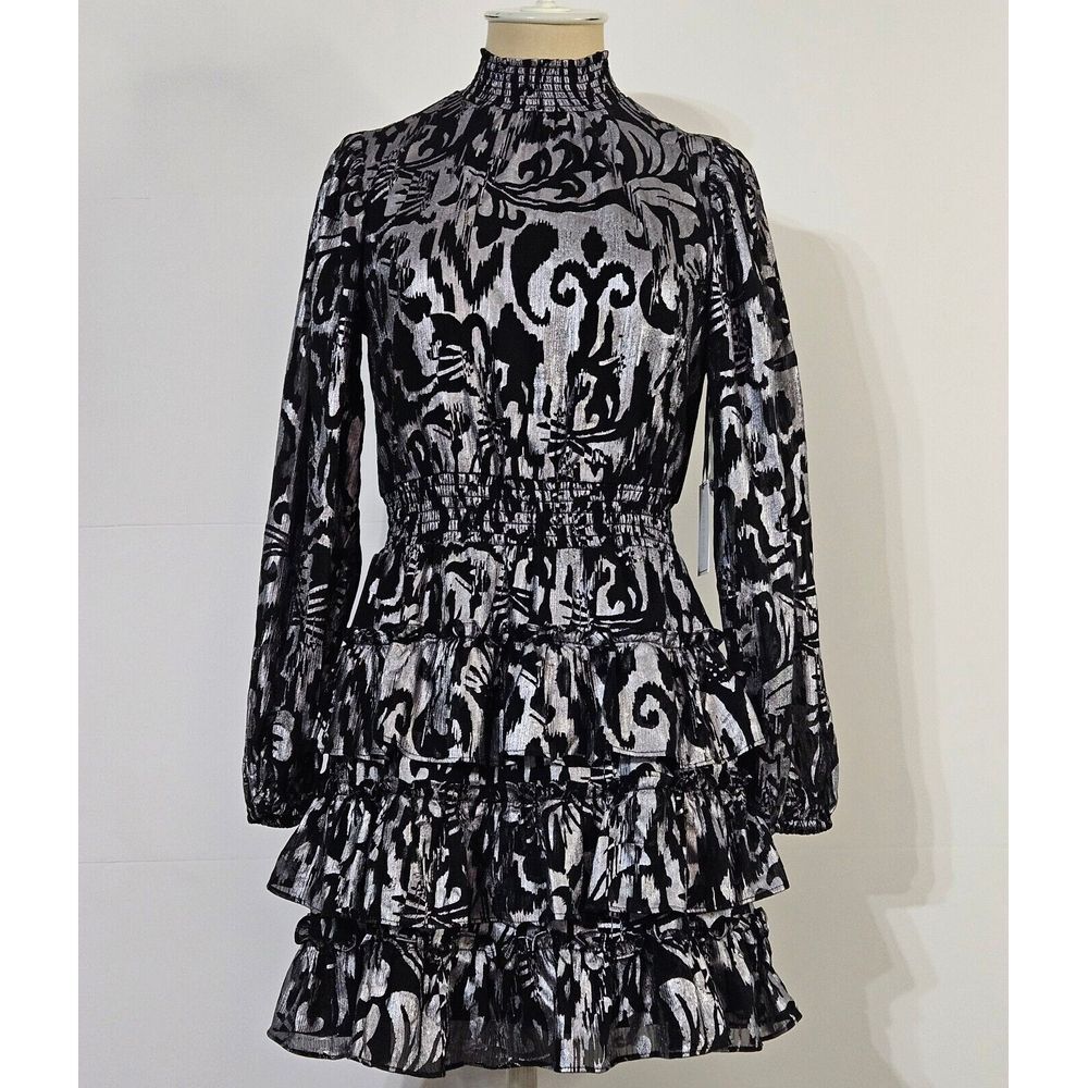 1.State‎ Foiled Smocked Ruffle Long-sleeve Midi Dress Size:X-Small NWT